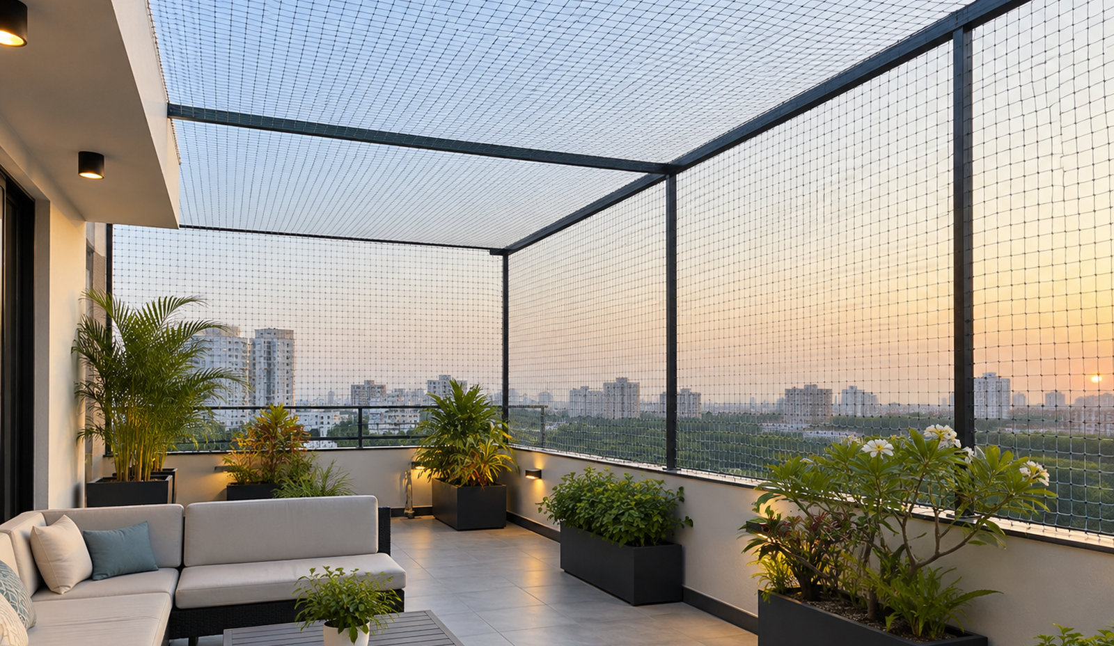 Bird netting installed across a modern terrace